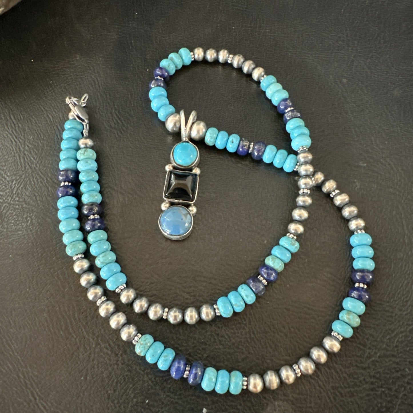 Blue Turquoise Lapis Onyx Pendant Navajo Sterling Silver Necklace 19550
