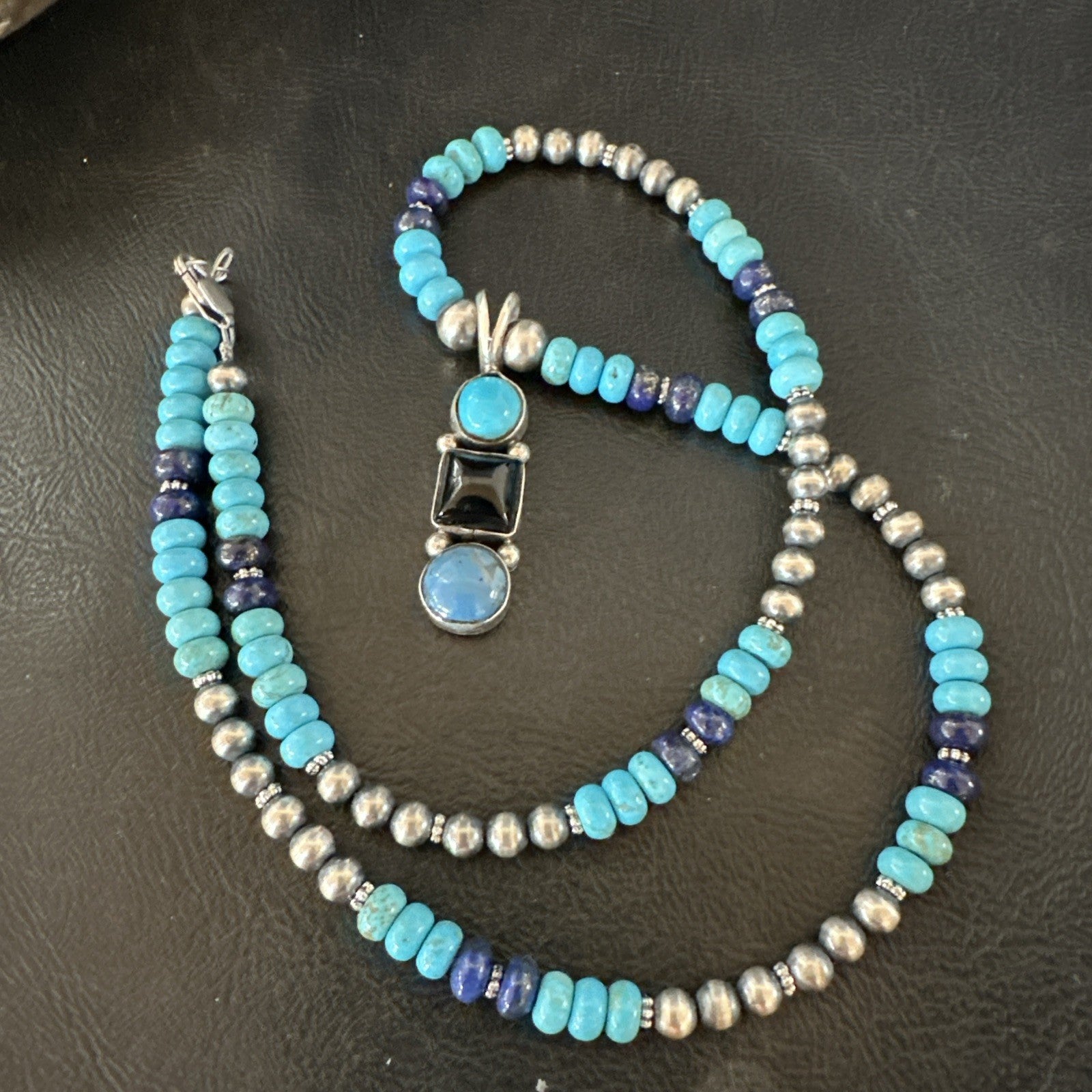 Blue Turquoise Lapis Onyx Pendant Navajo Sterling Silver Necklace 19550