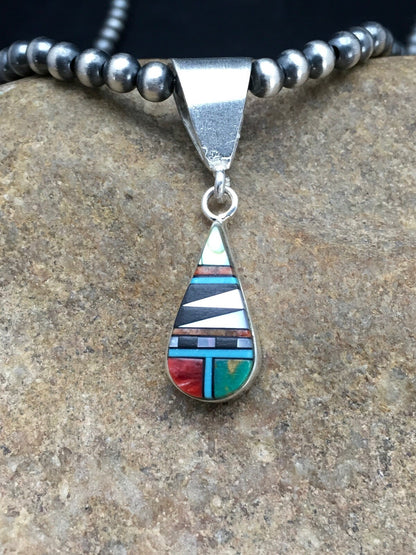 Turquoise MultiStone Inlay Pendant Sterling Silver Bead Necklace 1.75" 02705