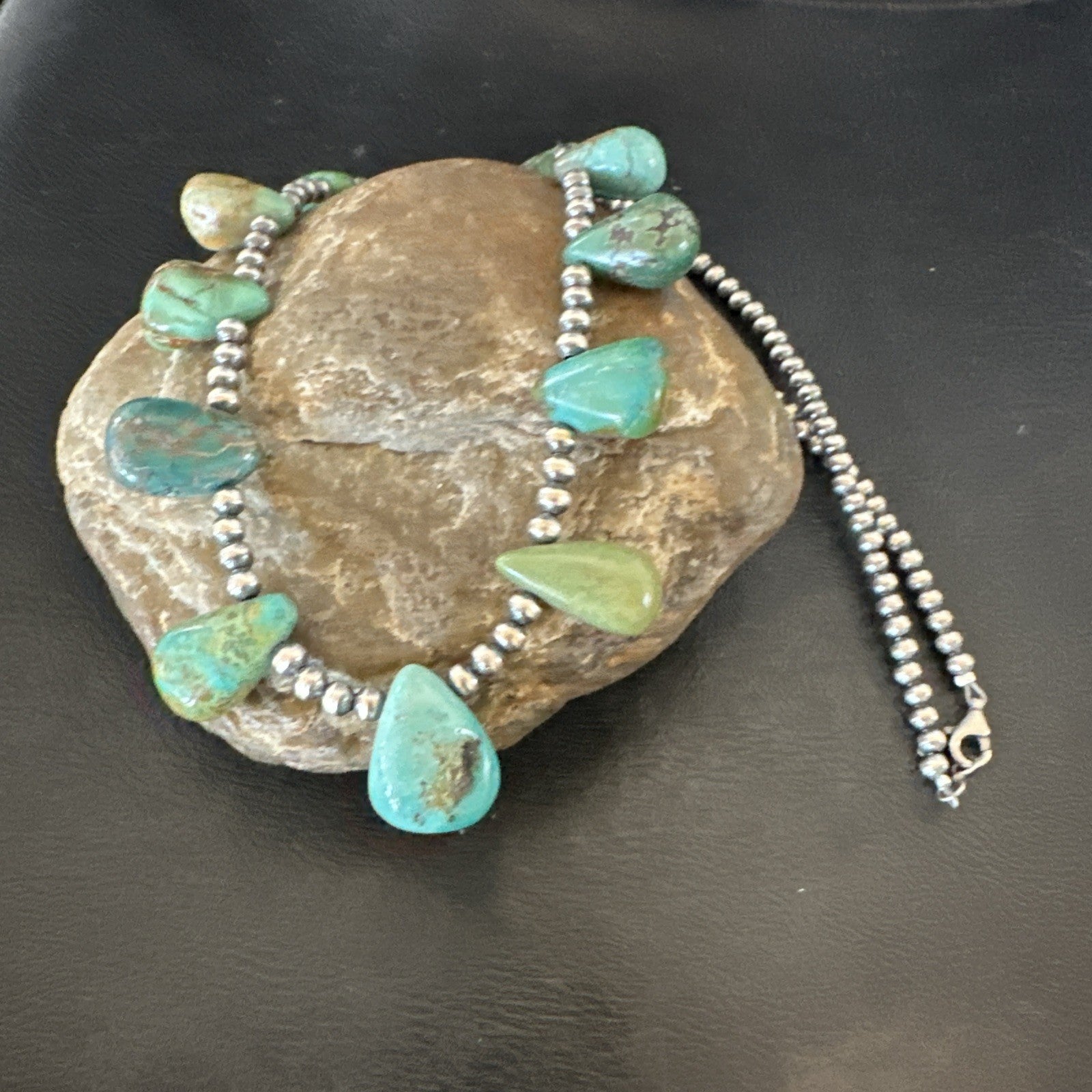 Navajo Pearls Silver Green Teardrop Turquoise Necklace 19015