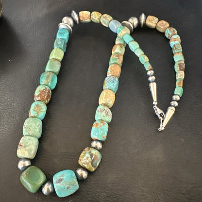 Cube Green Turquoise Navajo Graduated Sterling Silver Necklace 21” 19205