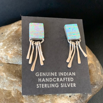 Blue Opal Inlay Navajo Sterling Silver Dangle Post Earrings 0.5" 12754