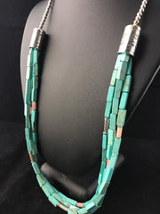 Navajo 3S Stabilized Blue Turquoise Pink Opal Bead Necklace1 | Sterling Silver | Authentic Native American Handmade | 201