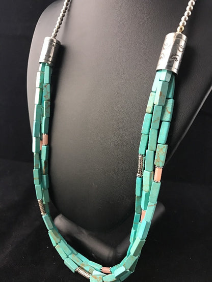 Navajo 3S Stabilized Blue Turquoise Pink Opal Bead Sterling Silver Necklace1201