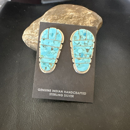 New Inlay Blue Kingman Turquoise Sterling Silver Earrings 1.5” 19097