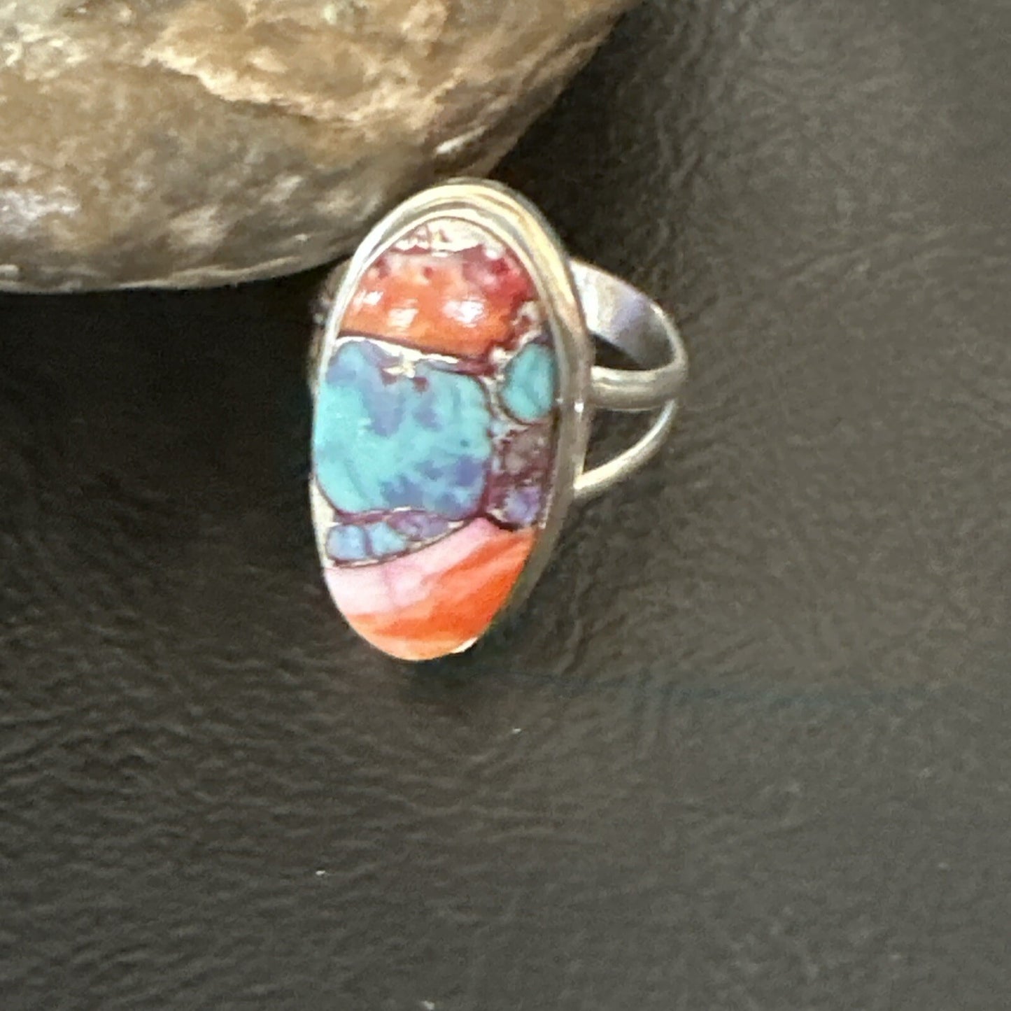Blue Turquoise Spiny Oyster Southwestern Sterling Silver Ring Size 8 18437