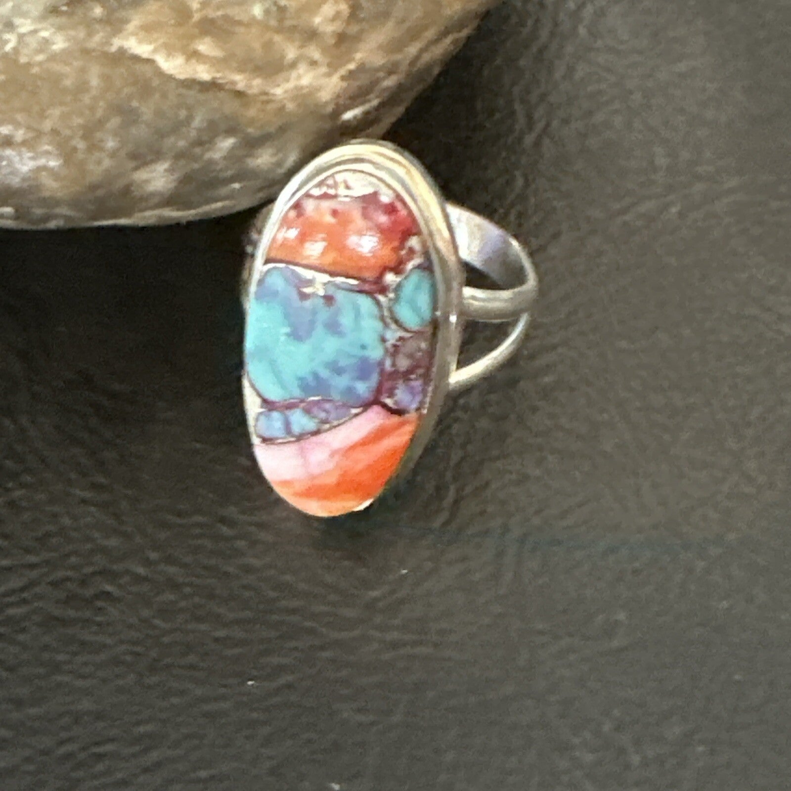 Blue Turquoise Spiny Oyster Southwestern Sterling Silver Ring Size 8 18437