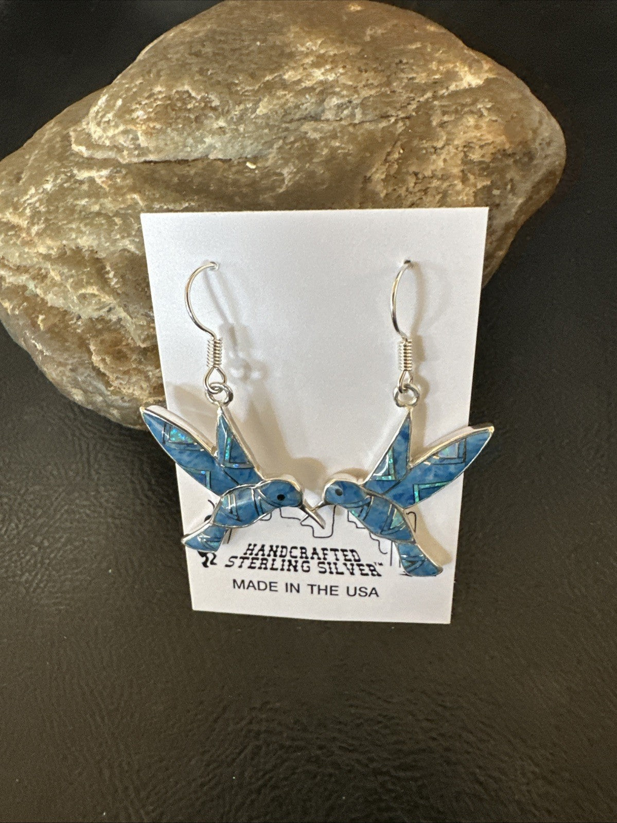 Blue Denim Lapis Opal Sterling Silver Hummingbird Dangle Earrings 19142