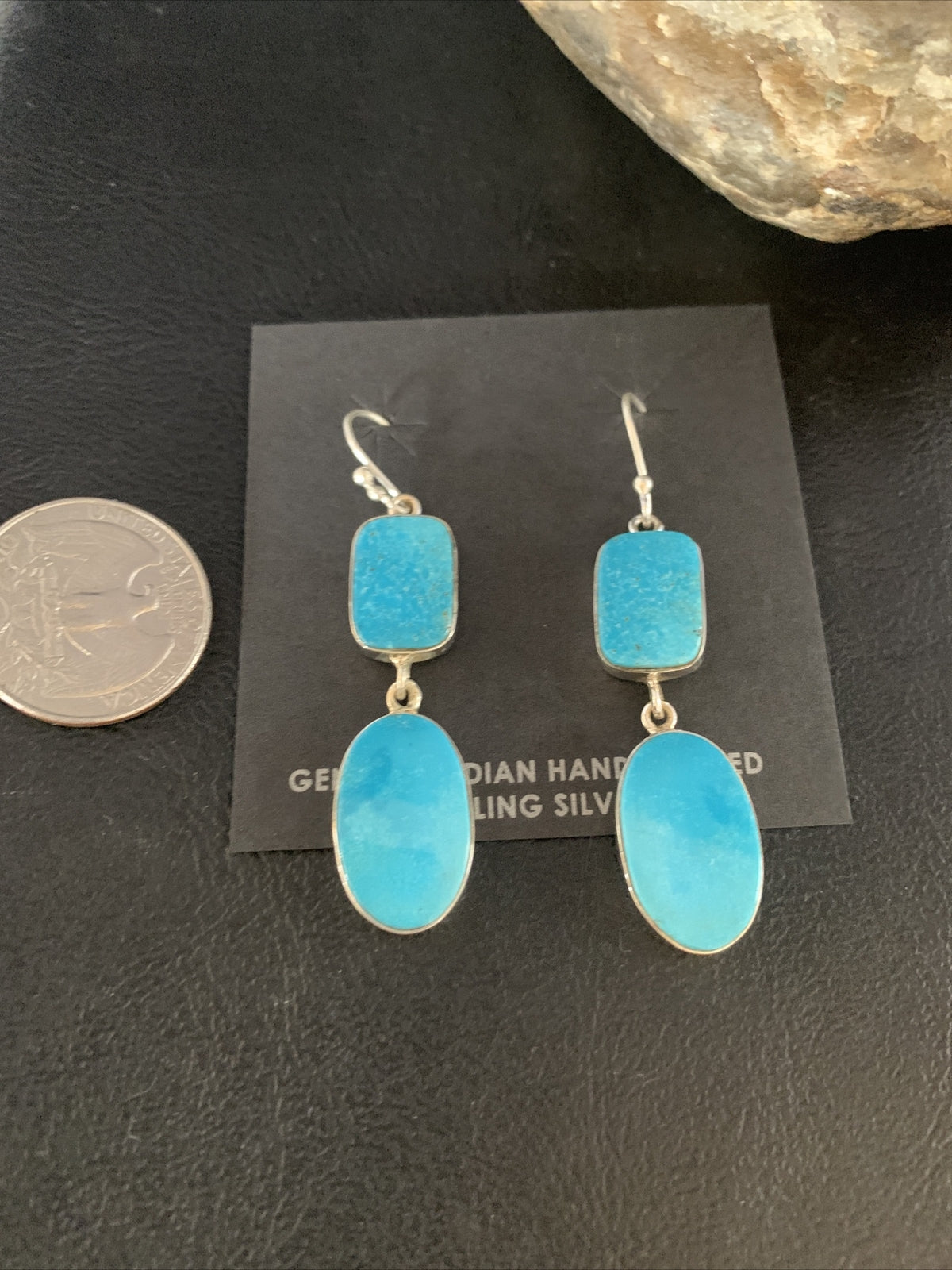 Blue Kingman Turquoise Navajo Sterling Silver Dangle Earrings 14079