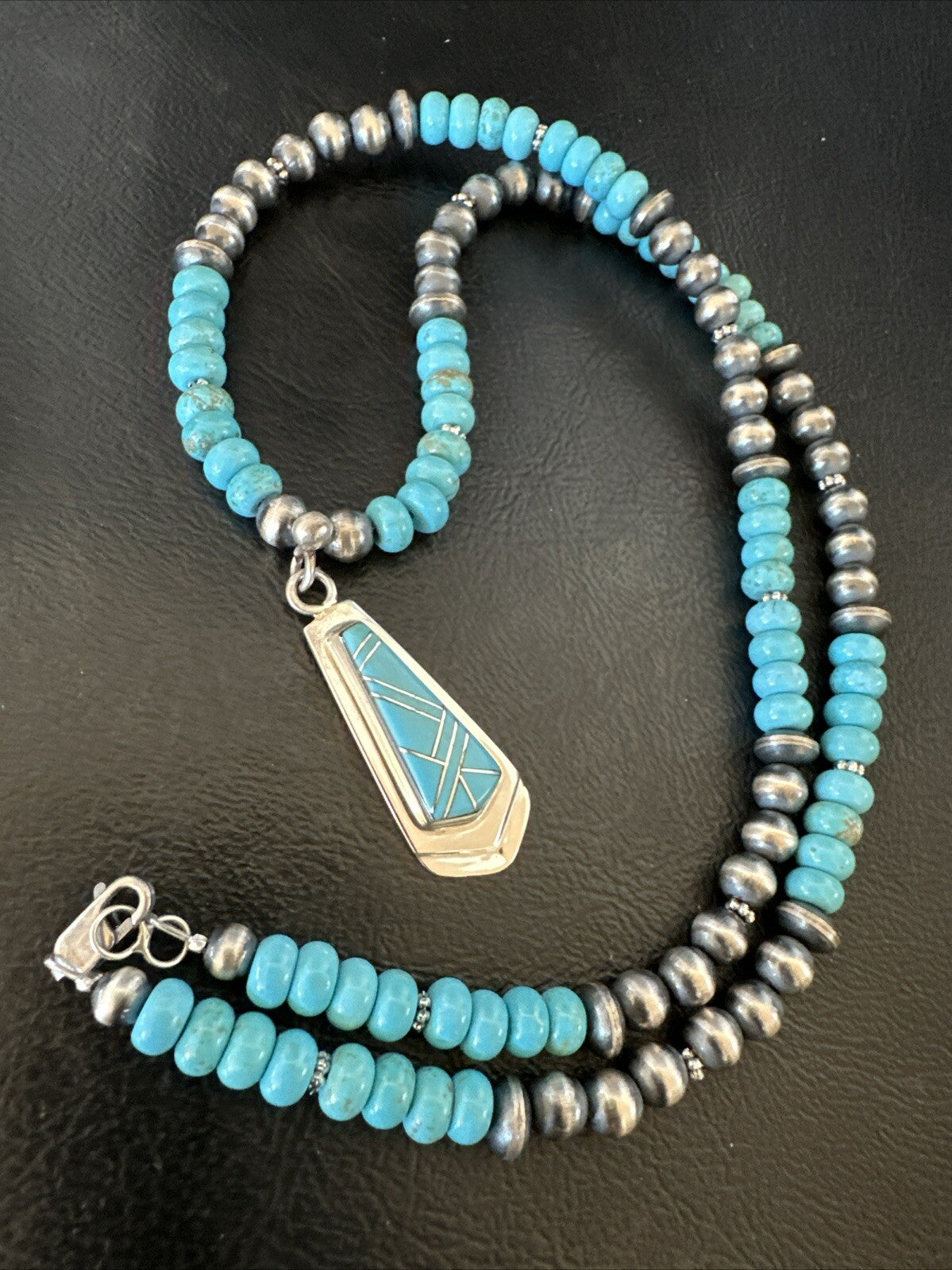 Inlay Blue Kingman Turquoise Pendant Navajo Sterling Silver Necklace 21" 18380