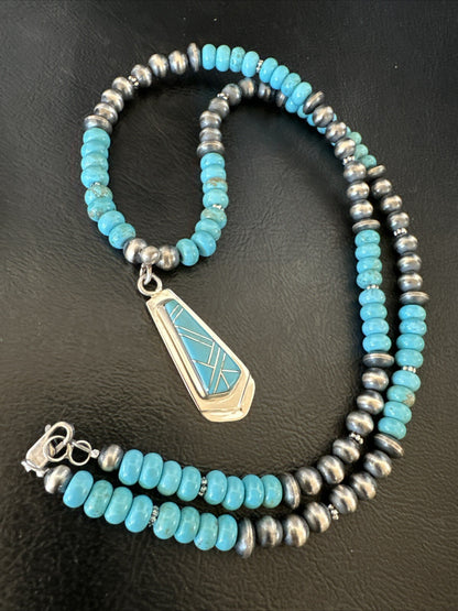 Inlay Blue Kingman Turquoise Pendant Navajo Sterling Silver Necklace 21" 18380