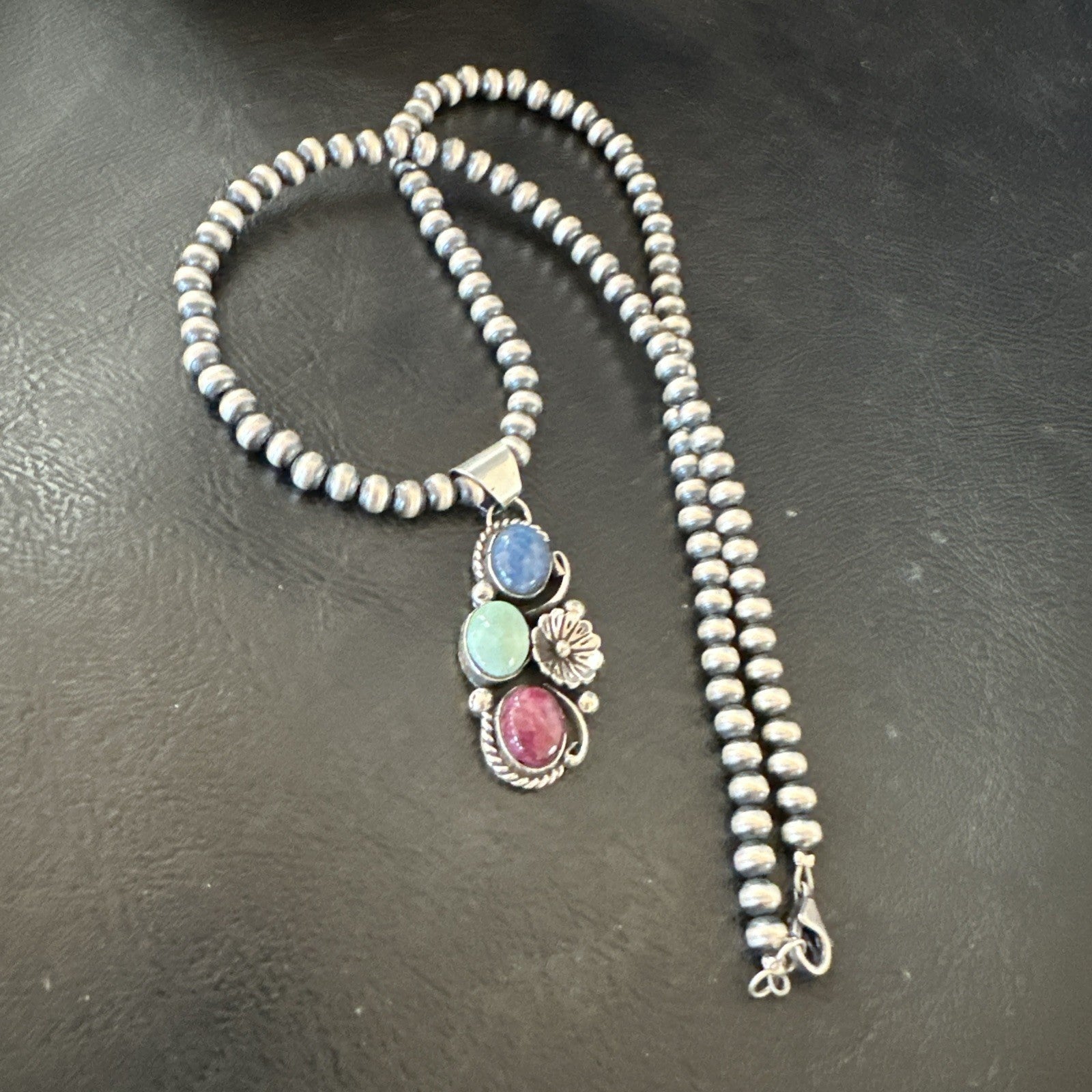 Multicolor Turquoise Spiny Navajo Sterling Silver Cluster Pendant Necklace 19313