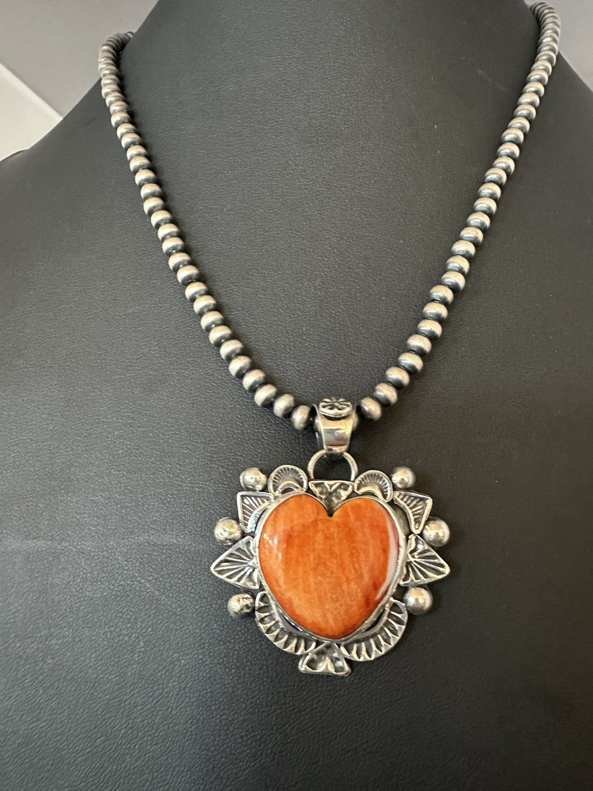 H Joe Orange Spiny Oyster Heart Pendant Navajo Sterling Silver Necklace 19485