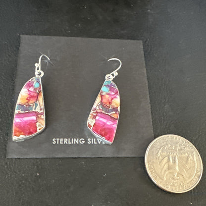 Blue Turquoise Purple Spiny Oyster Inlay Sterling Silver Dangle Earrings 15565
