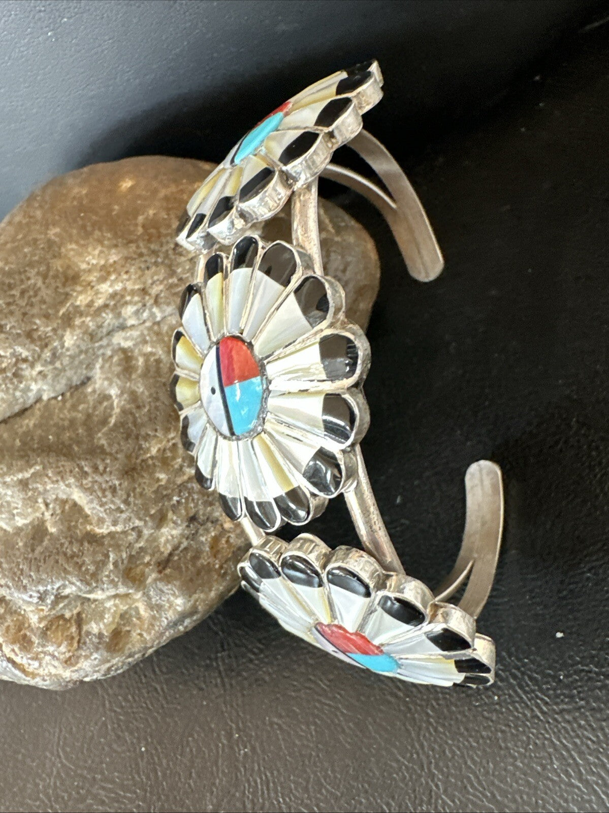 Blue Turquoise Coral MOP Zuni Sterling Silver Inlay Sunface Cuff Bracelet 18872