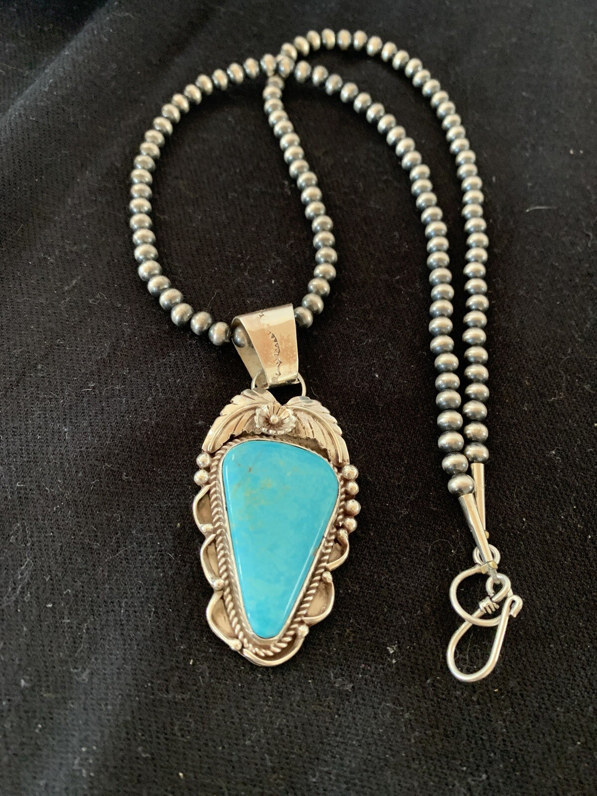 Blue Kingman Turquoise Pendant Navajo Pearls Sterling Silver Necklace 20" 00392