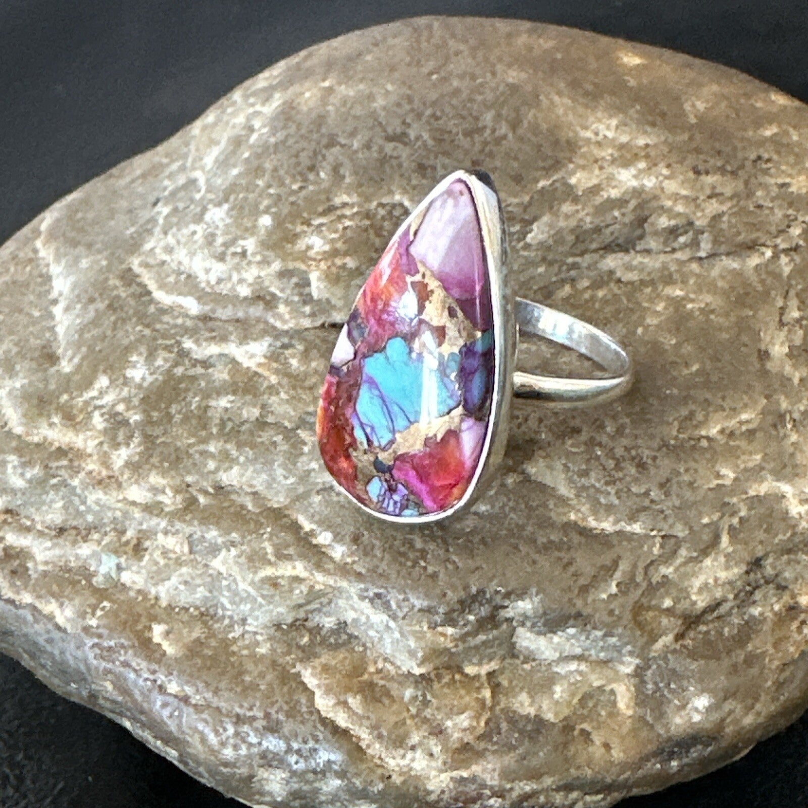 Blue Turquoise Spiny Oyster Southwestern Sterling Silver Ring Size 11 18454