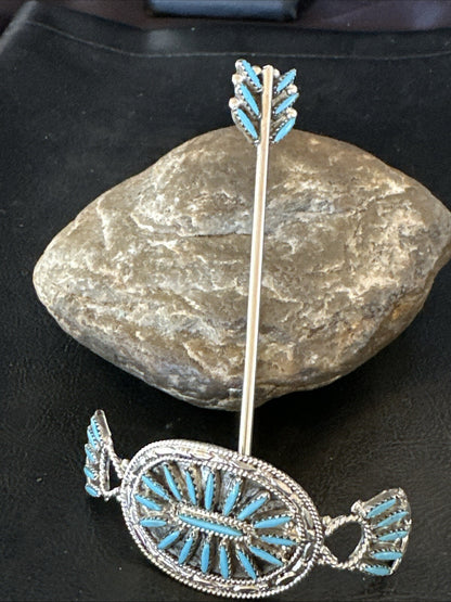A Zuni Needle Point Sterling Silver Blue Turquoise Hair Barrette 4" 18622