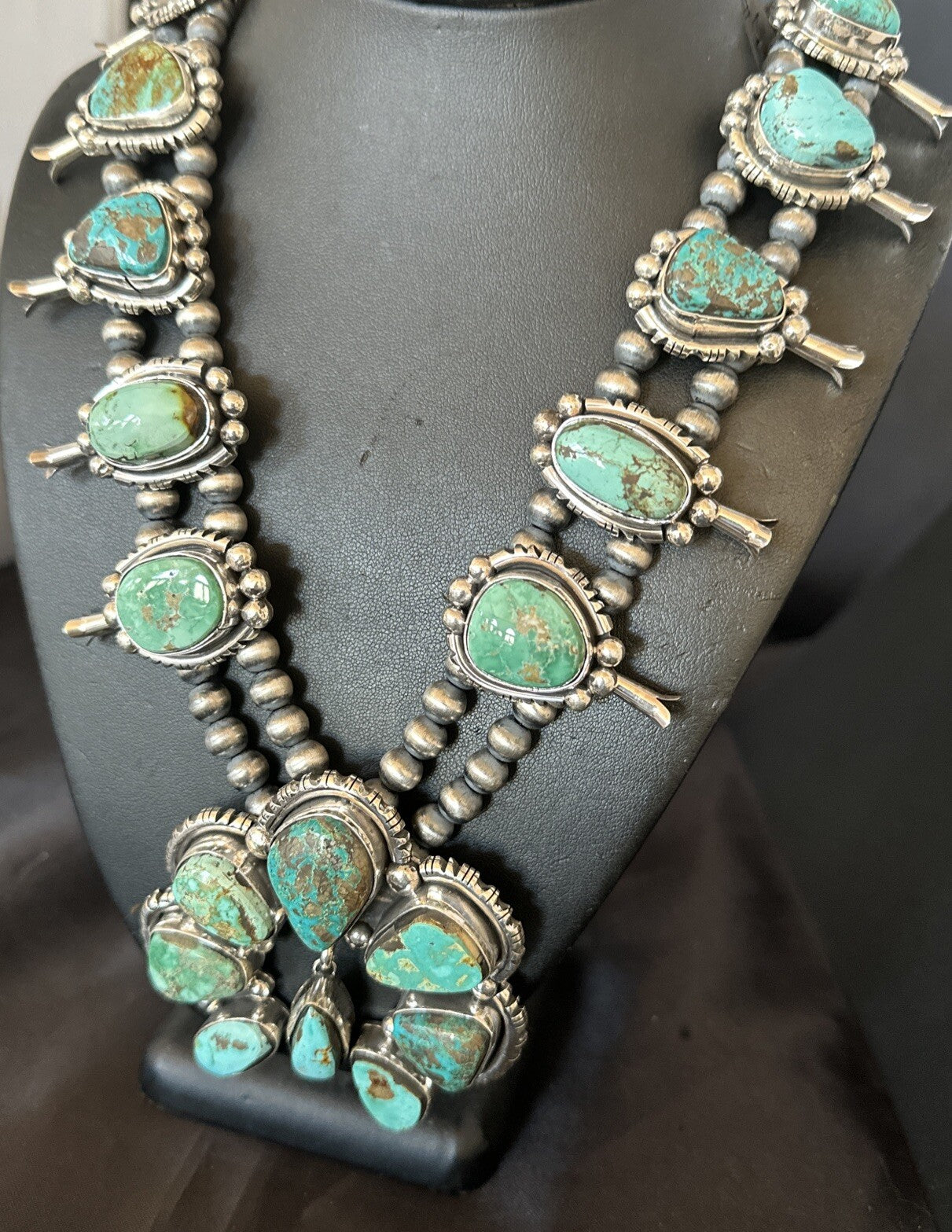 Green Royston Turquoise Navajo Squash Sterling Silver Naja Necklace 18236