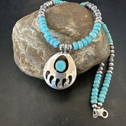 Mens Blue Turquoise BearPaw Pendant Navajo Pearls Sterling Silver Necklace 17880