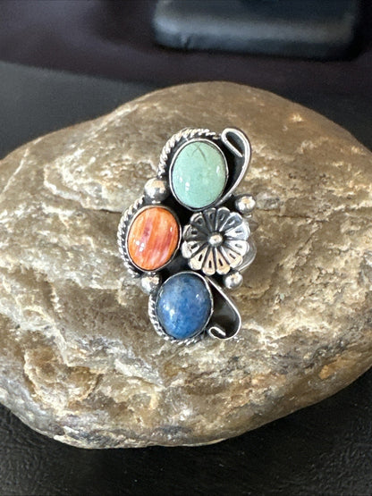 Multicolor Ring Turquoise Spiny Navajo Sterling Silver Cluster Size 9 19187