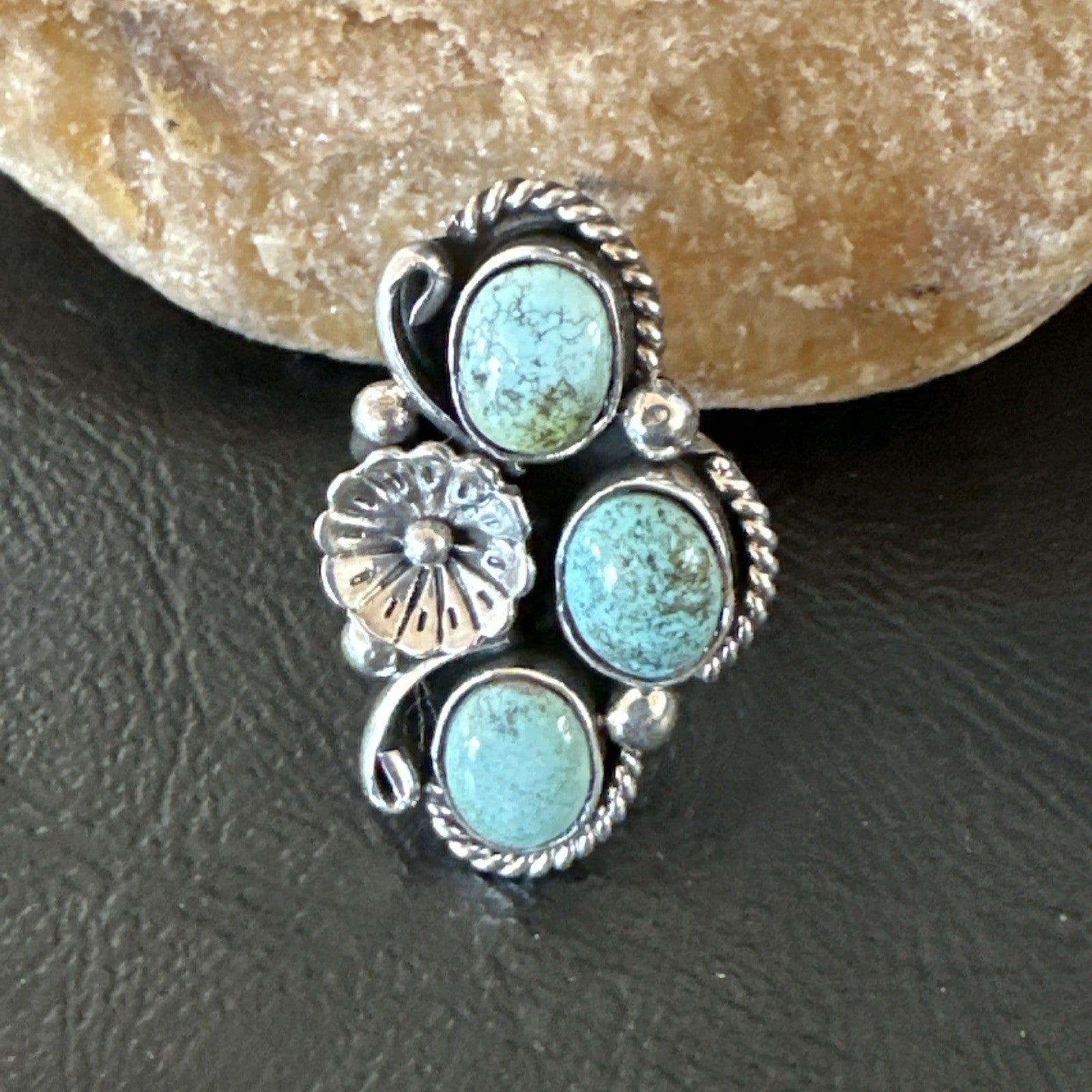 Yazzie Ring Blue Turquoise Navajo Sterling Silver Cluster Size 8 19219