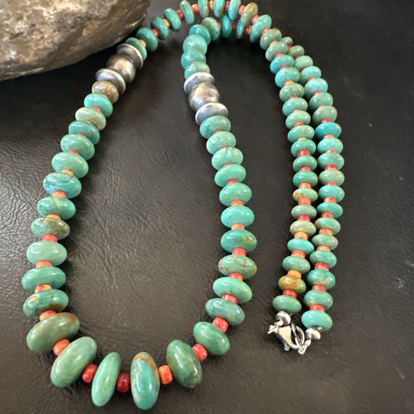 Green Turquoise Spiny Navajo Pearls Sterling Silver Necklace 26” 19682