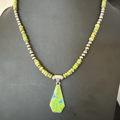 Womens Green Gaspeite Turquoise Pendant Navajo Sterling Silver Necklace 19546