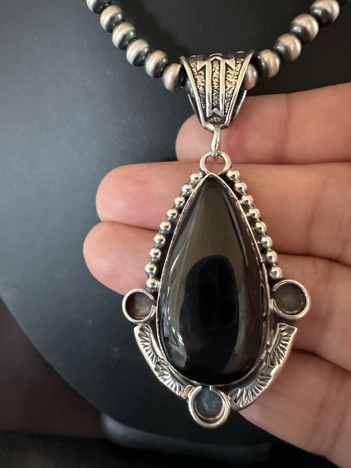 Black Onyx Pendant Navajo Pearls Sterling Silver Necklace 19385
