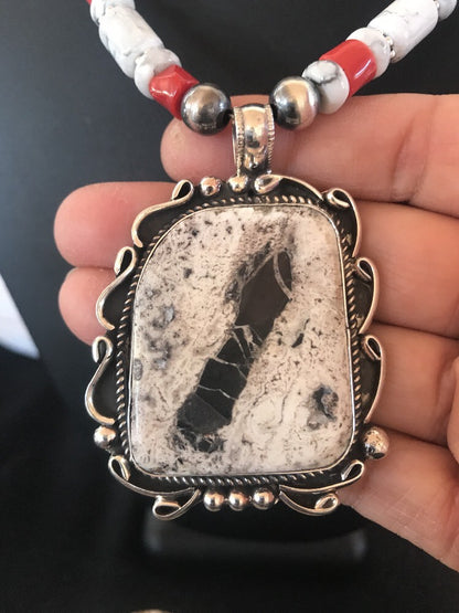 Navajo Pearls Sterling White Buffalo Turquoise Necklace Pendant 08216 XL