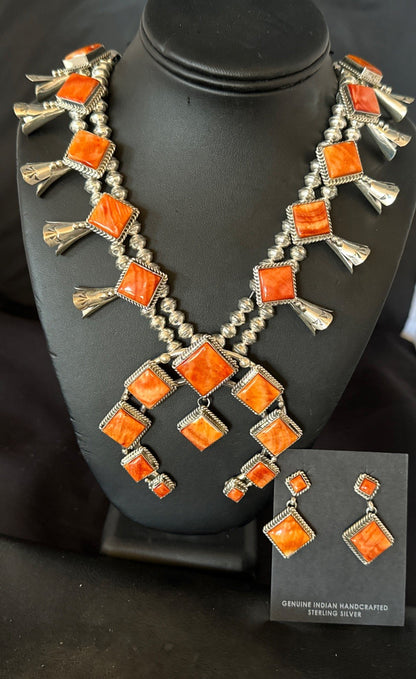 Orange Spiny Oyster Sterling Silver Squash Blossom Necklace 26" Earrings 19074
