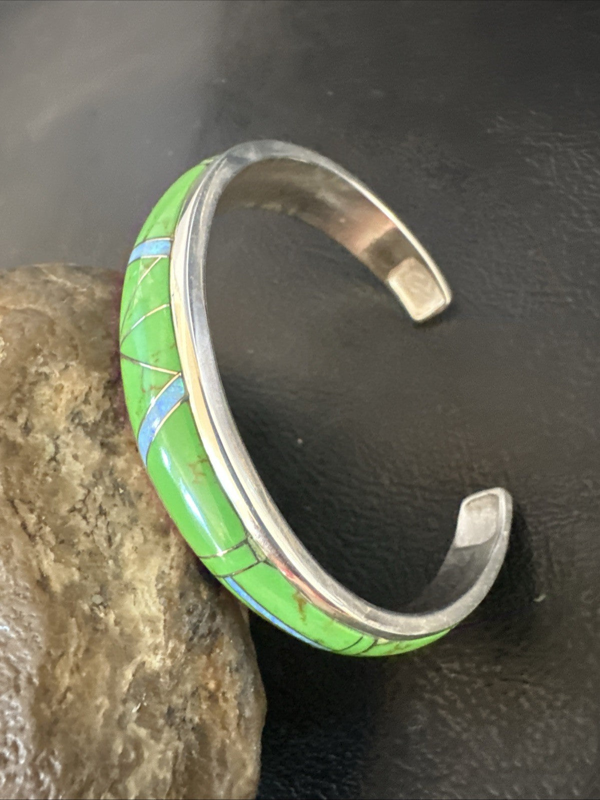 Womens Green Gaspeite Inlay Cuff Bracelet 7.05” Sterling Silver 19153