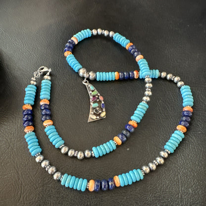 Multicolor Turquoise Spiny Navajo Sterling Silver Cluster Pendant Necklace 19650