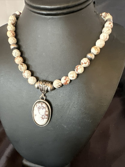 Wild Horse Turquoise Pendant Sterling Silver Beads Howlite Necklace 18031