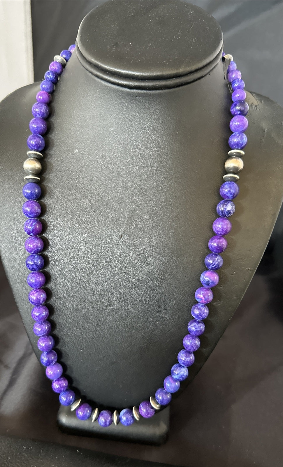 10mm Royal  Purple Stone Bead Navajo Sterling Silver Necklace 24” 17922