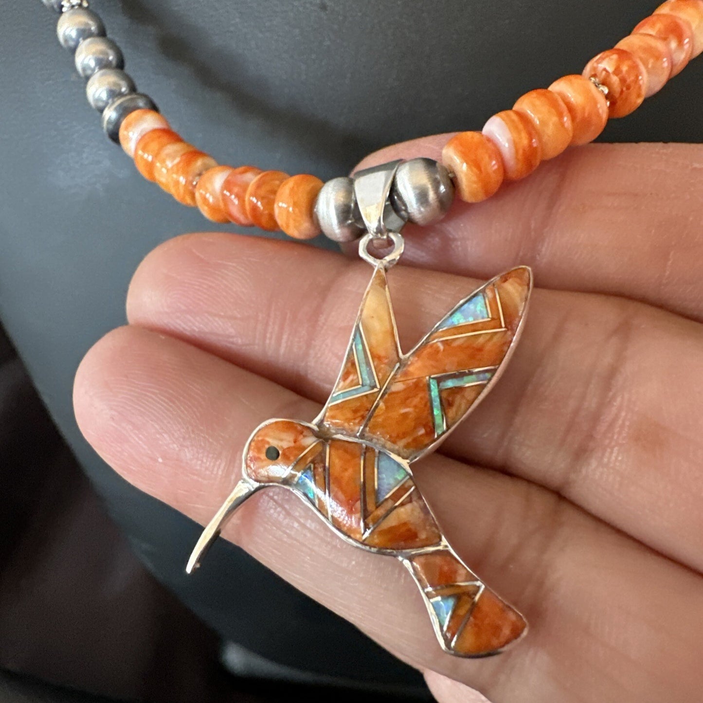 HummingBird Orange Spiny Oyster Opal Sterling Silver Necklace Pendant 18675