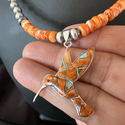 HummingBird Orange Spiny Oyster Opal Sterling Silver Necklace Pendant 18675
