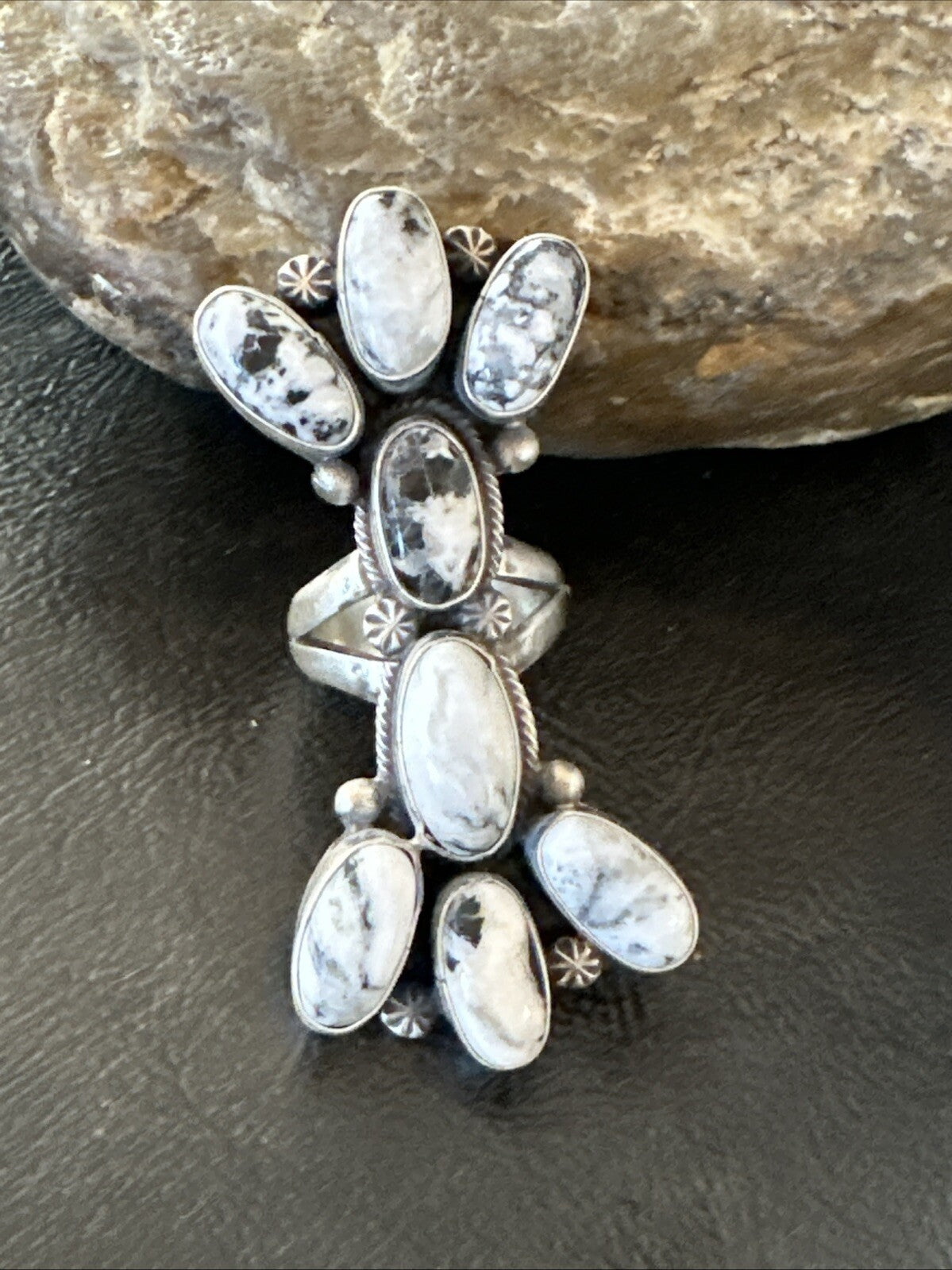 White Buffalo Turquoise Navajo Sterling Silver Cluster Ring Size 6.5 18623