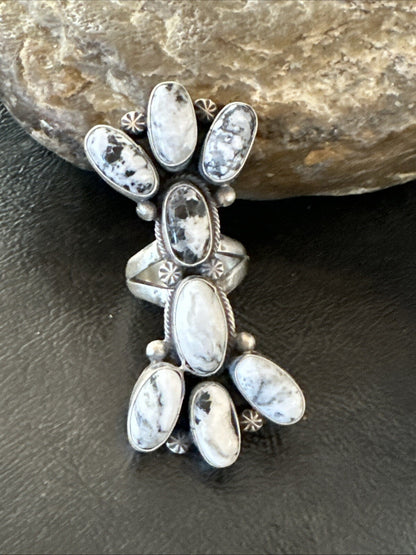 White Buffalo Turquoise Navajo Sterling Silver Cluster Ring Size 6.5 18623