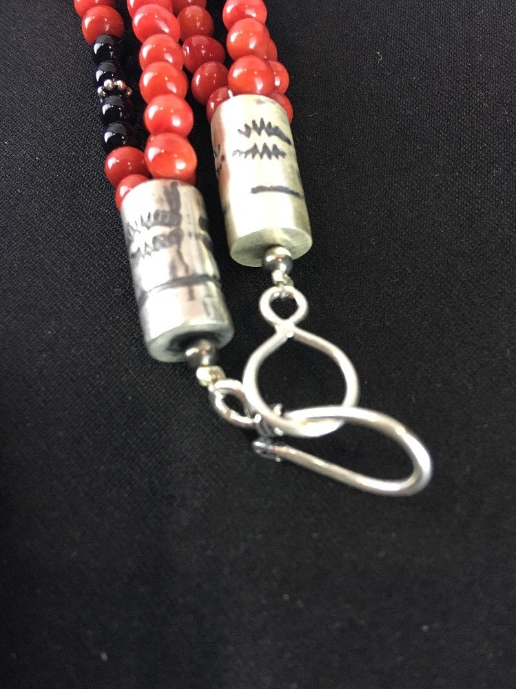 Red Bamboo Coral Black Onyx 3 Strand Sterling Silver Necklace 3246