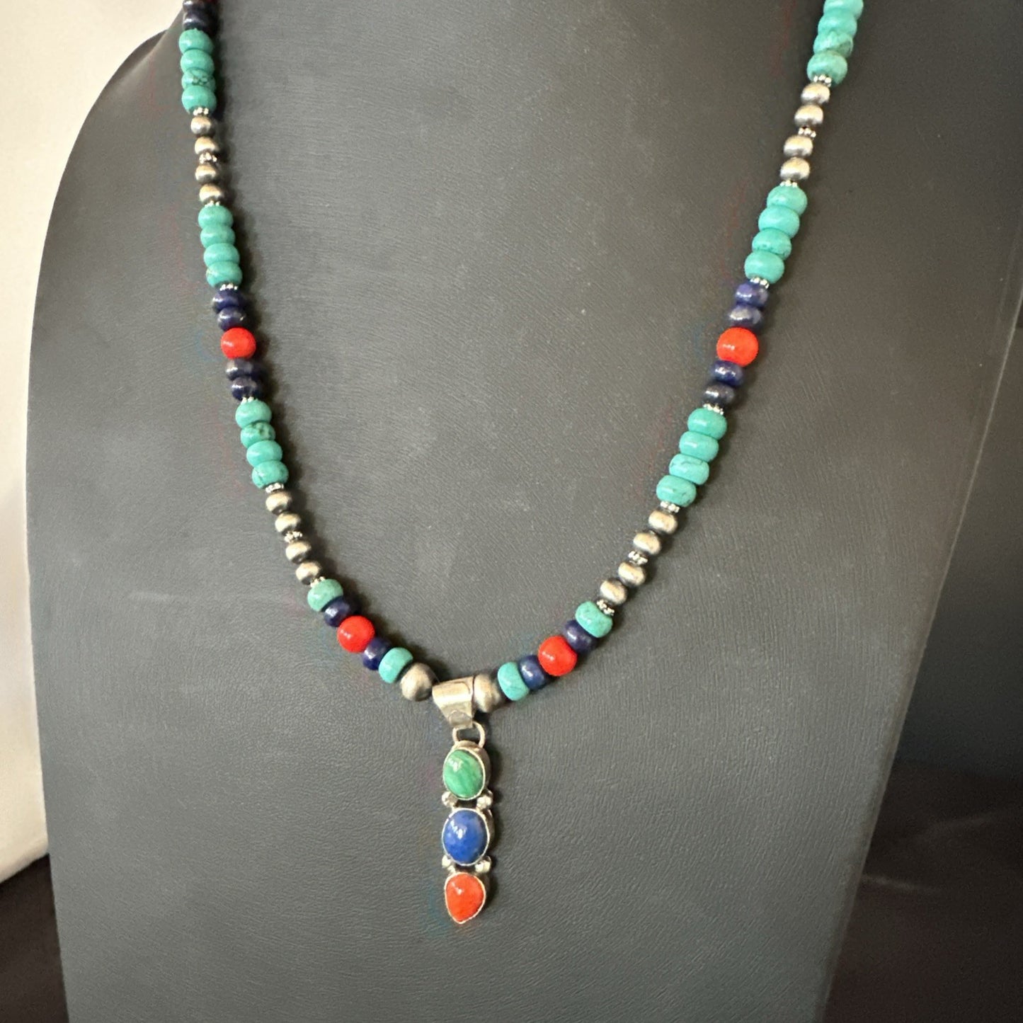 Multicolor Turquoise Coral Navajo Sterling Silver Cluster Pendant Necklace 19646