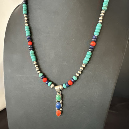 Multicolor Turquoise Coral Navajo Sterling Silver Cluster Pendant Necklace 19646
