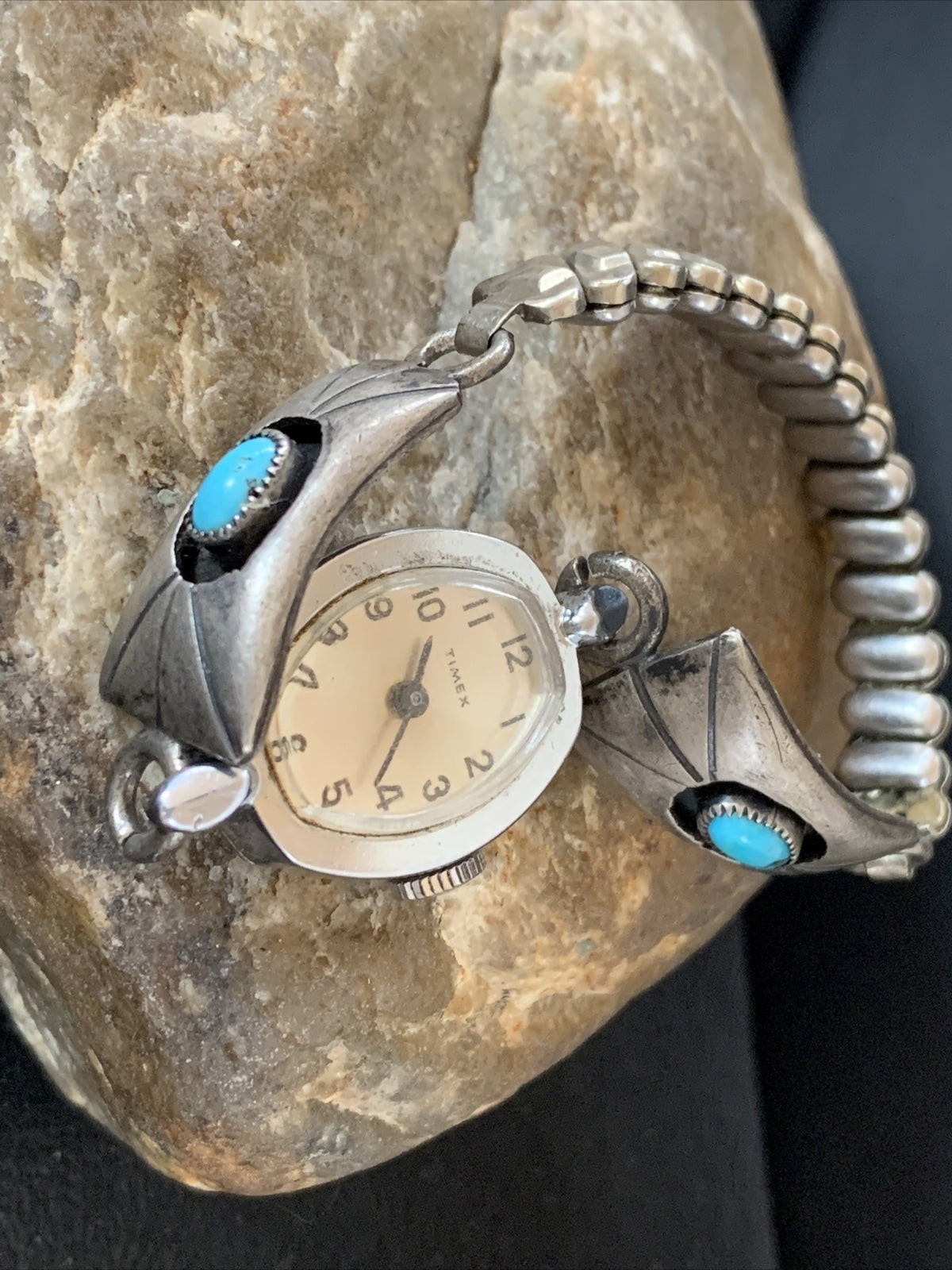Turquoise Navajo Sterling Silver Old Pawn Shadowbox Watch Tips 01449