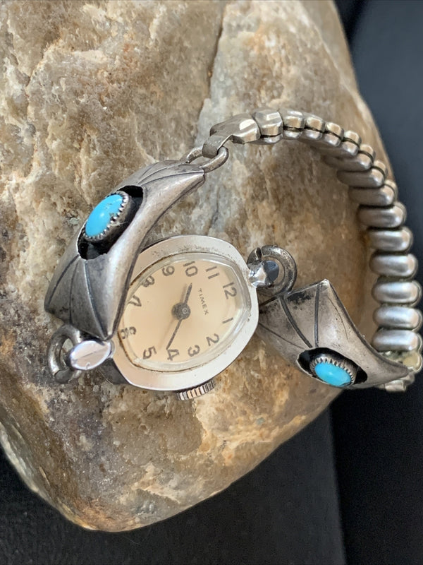 Turquoise Navajo Old Pawn Shadowbox Watch Tips | Sterling Silver | Authentic Native American Handmade | 01449