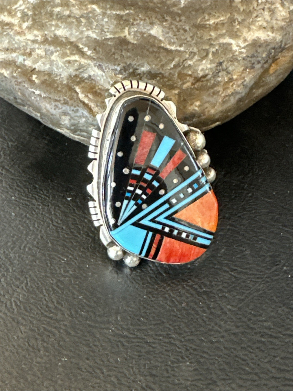 Cosmic Inlay Onyx Turquoise Spiny Navajo Sterling Silver Ring Size 9 19789