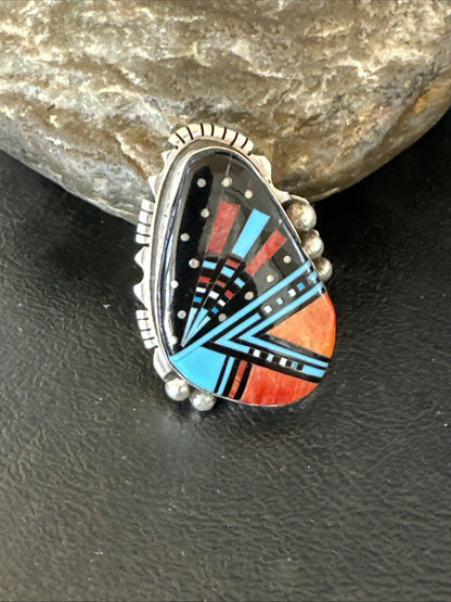 Cosmic Inlay Onyx Turquoise Spiny Navajo Sterling Silver Ring Size 9 19789