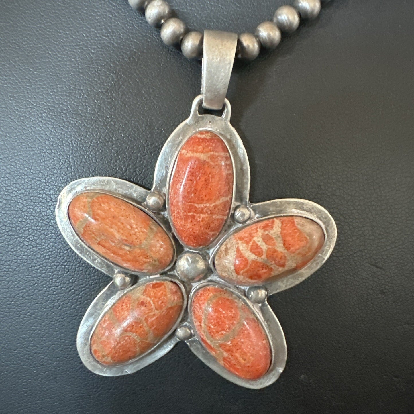 Navajo Apple Sponge Coral Sterling Silver Necklace Pendant 18133