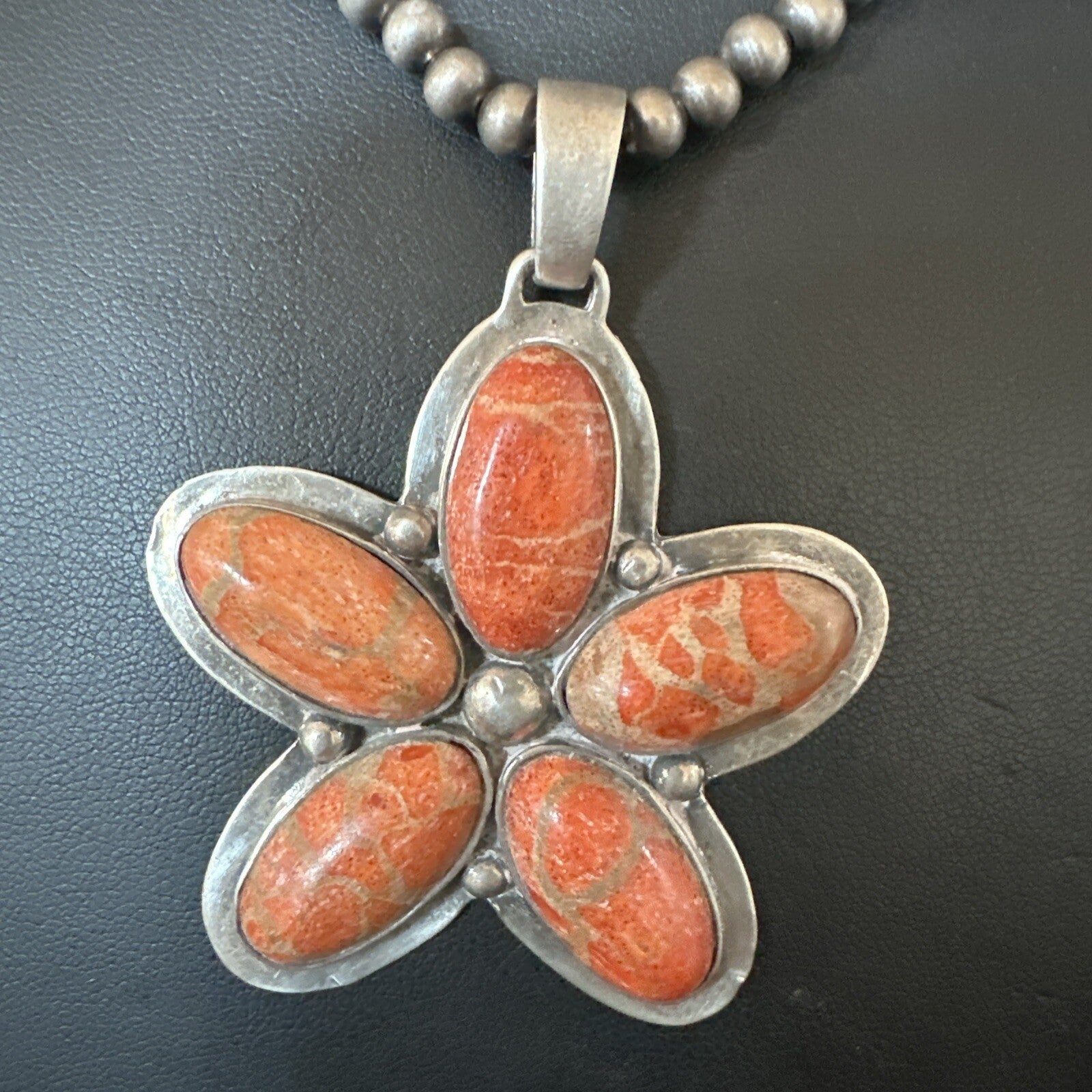 Navajo Apple Sponge Coral Sterling Silver Necklace Pendant 18133