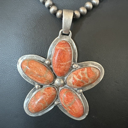 Navajo Apple Sponge Coral Sterling Silver Necklace Pendant 18133