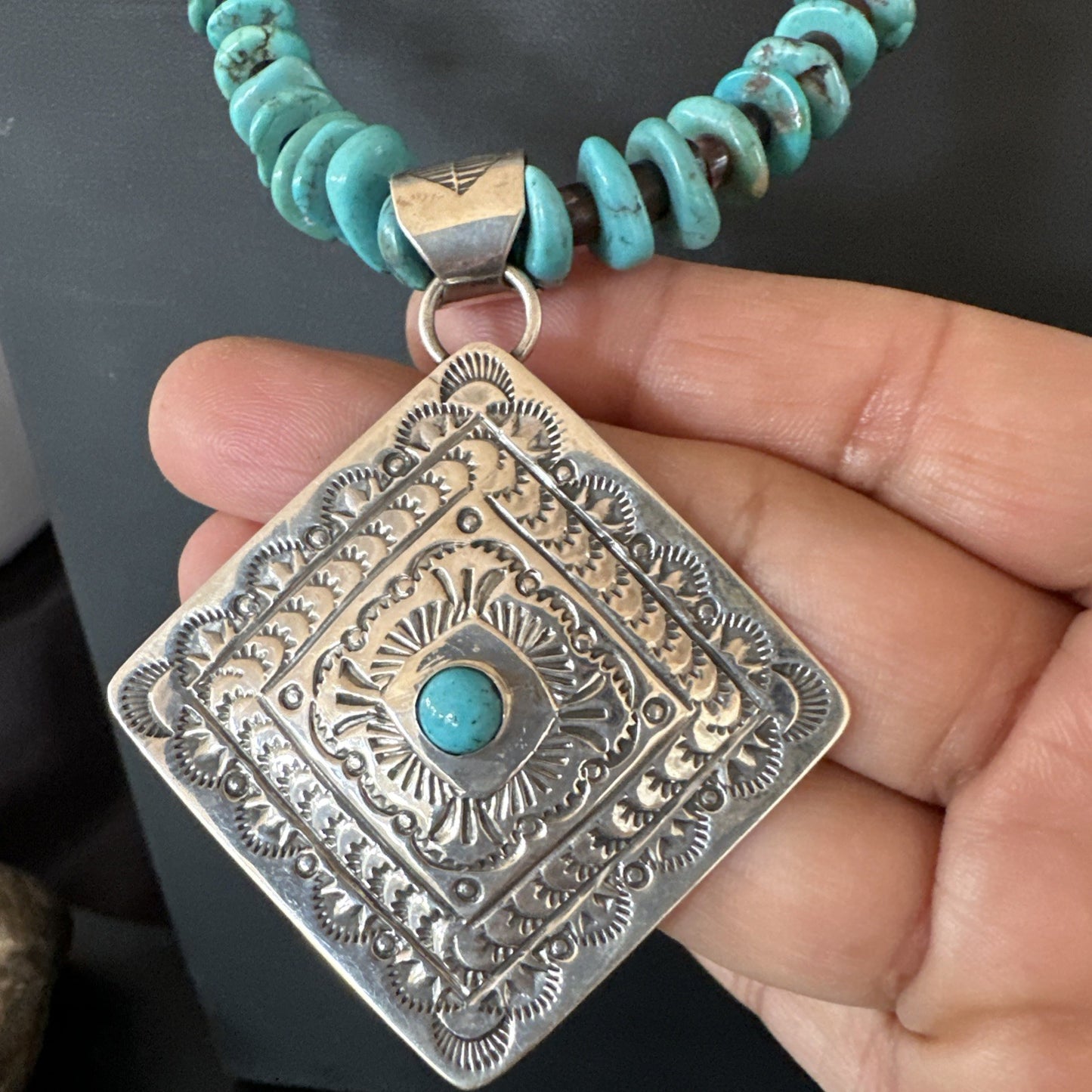Navajo Blue Turquoise Stamped Pendant Shell Sterling Silver 25” Necklace 19707
